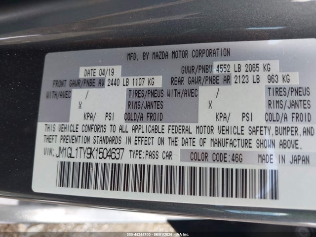2019 Mazda Mazda6 Grand Touring მანქანა იყიდება აუქციონზე, vin: JM1GL1TY9K1504637, აუქციონის ნომერი: 45244700