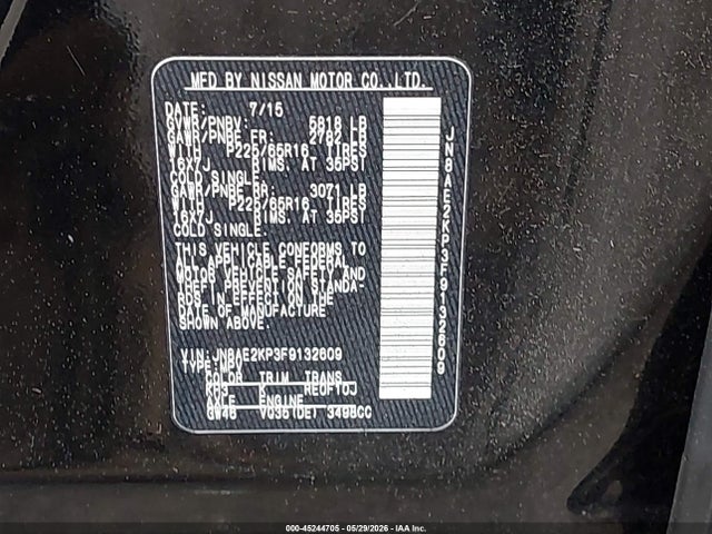 45244705 :رقم المزاد ، JN8AE2KP3F9132609 vin ، 2015 Nissan Quest Platinum/s/sl/sv مزاد بيع