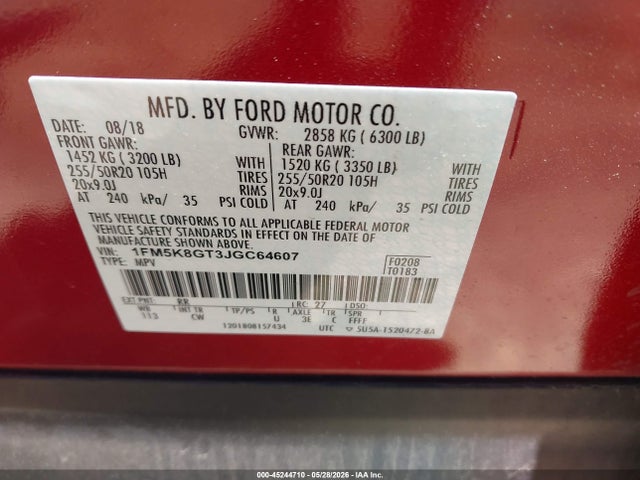 2018 Ford Explorer Sport მანქანა იყიდება აუქციონზე, vin: 1FM5K8GT3JGC64607, აუქციონის ნომერი: 45244710