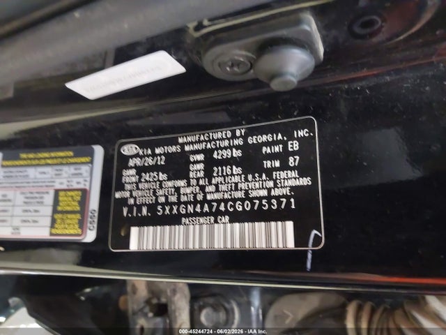 Продаж на аукціоні авто 2012 Kia Optima Ex, vin: 5XXGN4A74CG075371, номер лоту: 45244724