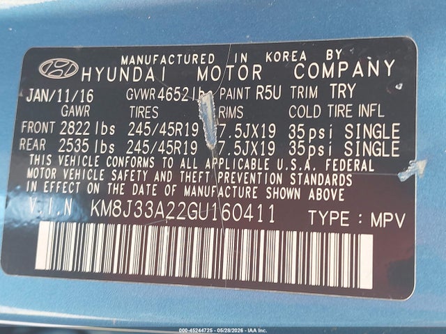 45244725 :رقم المزاد ، KM8J33A22GU160411 vin ، 2016 Hyundai Tucson Limited مزاد بيع