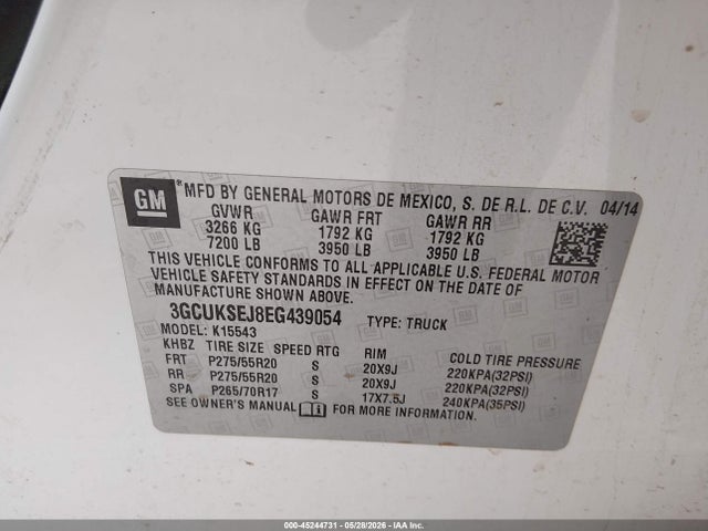 Продаж на аукціоні авто 2014 Chevrolet Silverado 1500 1lz, vin: 3GCUKSEJ8EG439054, номер лоту: 45244731