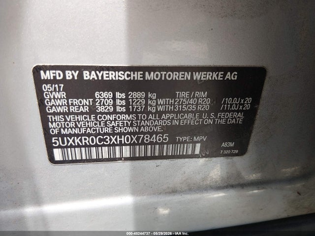 Продаж на аукціоні авто 2017 Bmw X5 Xdrive35i, vin: 5UXKR0C3XH0X78465, номер лоту: 45244737