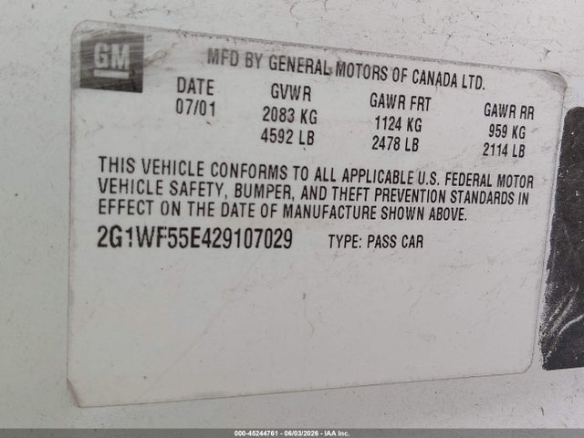 Продажа на аукционе авто 2002 Chevrolet Impala, vin: 2G1WF55E429107029, номер лота: 45244761