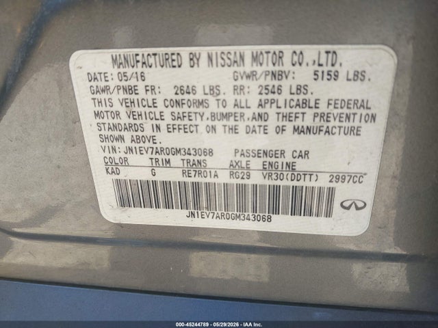 45244789 :رقم المزاد ، JN1EV7AR0GM343068 vin ، 2016 Infiniti Q50 3.0t Premium مزاد بيع