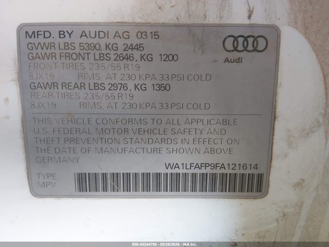 2015 Audi Q5 2.0t Premium მანქანა იყიდება აუქციონზე, vin: WA1LFAFP9FA121614, აუქციონის ნომერი: 45244790