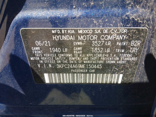 Aukcja sprzedaży 2021 Hyundai Accent Sel, vin: 3KPC24A69ME150445, numer aukcji: 45244796