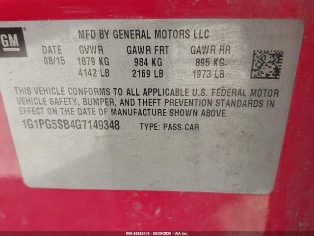 45244808 :رقم المزاد ، 1G1PG5SB4G7149348 vin ، 2016 Chevrolet Cruze Limited Ltz Auto مزاد بيع