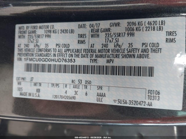 Продажа на аукционе авто 2017 Ford Escape Se, vin: 1FMCU0GD0HUD76353, номер лота: 45244813
