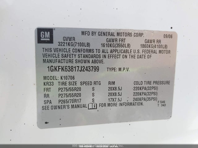 2007 Gmc Yukon Denali მანქანა იყიდება აუქციონზე, vin: 1GKFK63817J243799, აუქციონის ნომერი: 45244817