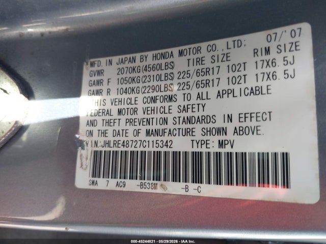 45244821 :رقم المزاد ، JHLRE48727C115342 vin ، 2007 Honda Cr-v Ex-l مزاد بيع