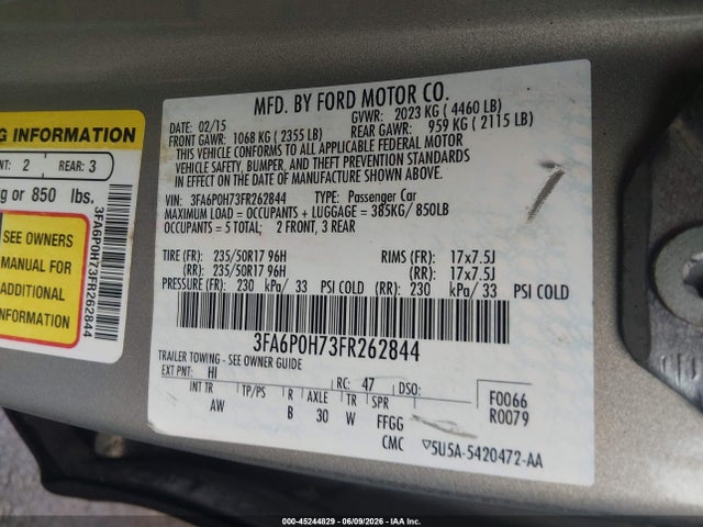 Aukcja sprzedaży 2015 Ford Fusion Se, vin: 3FA6P0H73FR262844, numer aukcji: 45244829