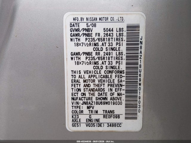 Auction sale of the 2009 Nissan Murano Sl, vin: JN8AZ18U69W019030, lot number: 45244836