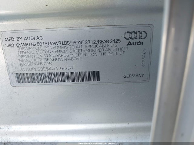 Aukcja sprzedaży 2004 Audi S4 4.2, vin: WAUPL68E54A136307, numer aukcji: 45244838