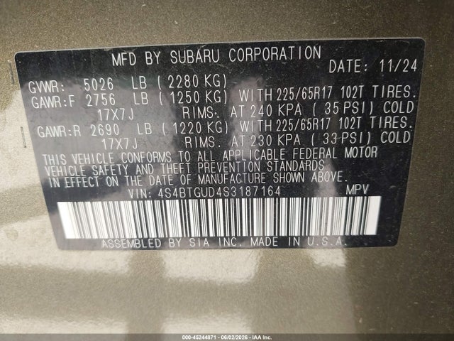 Aukcja sprzedaży 2025 Subaru Outback Wilderness, vin: 4S4BTGUD4S3187164, numer aukcji: 45244871