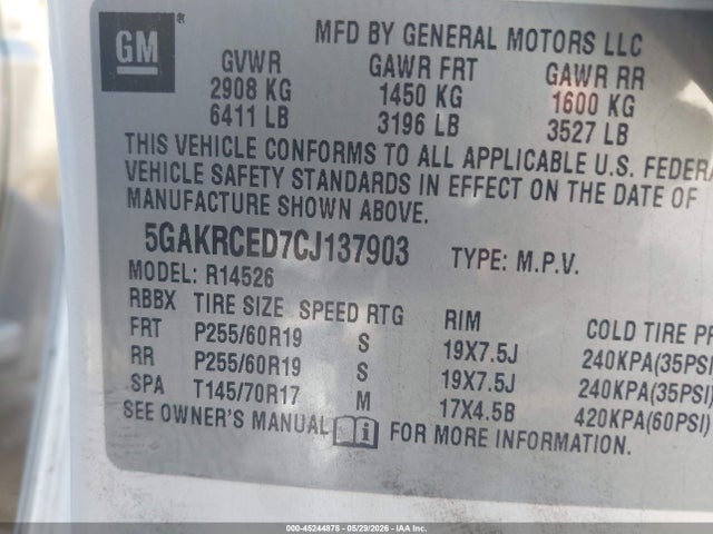 45244878 :رقم المزاد ، 5GAKRCED7CJ137903 vin ، 2012 Buick Enclave Leather مزاد بيع
