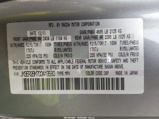 Aukcja sprzedaży 2012 Mazda Cx-7 I Sport, vin: JM3ER2BM7C0419580, numer aukcji: 45244887