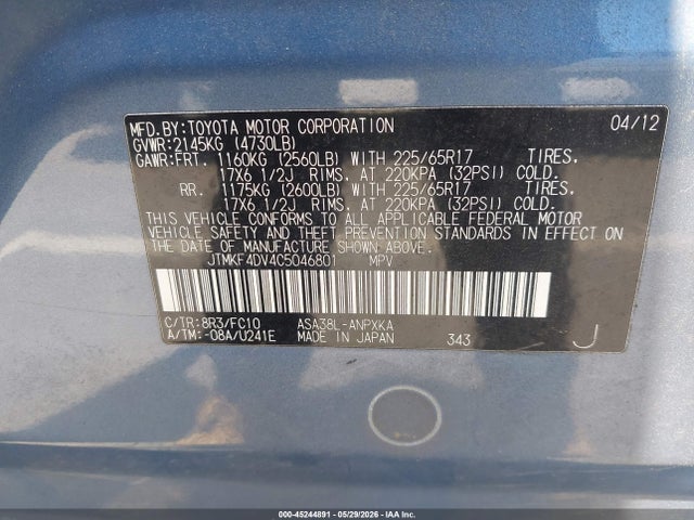 Aukcja sprzedaży 2012 Toyota Rav4, vin: JTMKF4DV4C5046801, numer aukcji: 45244891