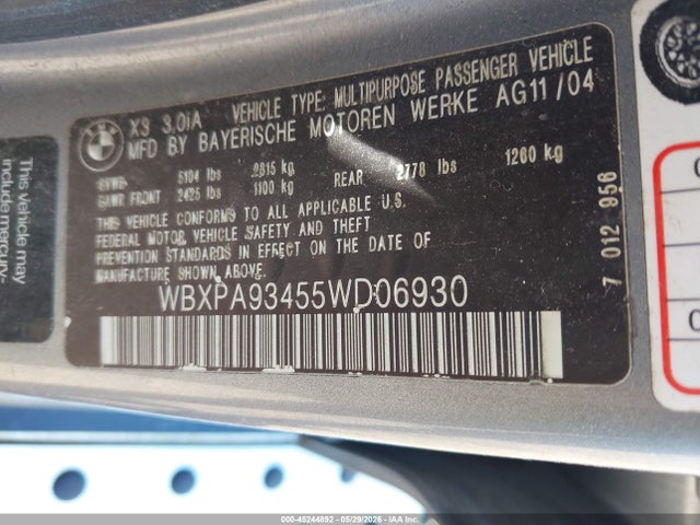Продаж на аукціоні авто 2005 Bmw X3 3.0i, vin: WBXPA93455WD06930, номер лоту: 45244892