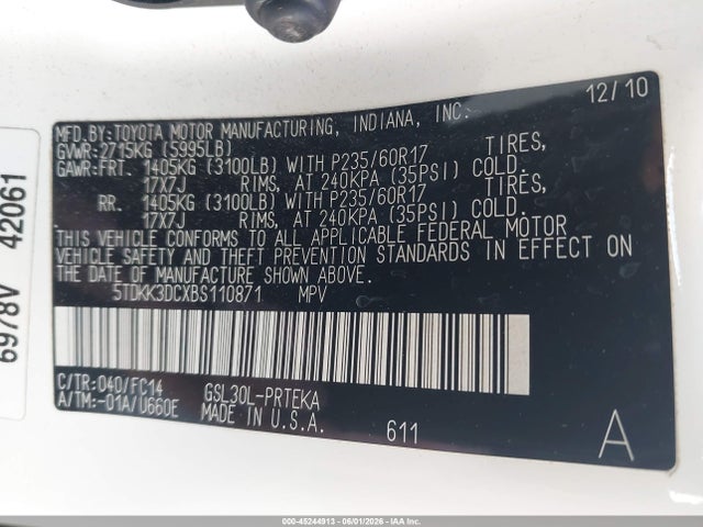 Продаж на аукціоні авто 2011 Toyota Sienna Le V6, vin: 5TDKK3DCXBS110871, номер лоту: 45244913