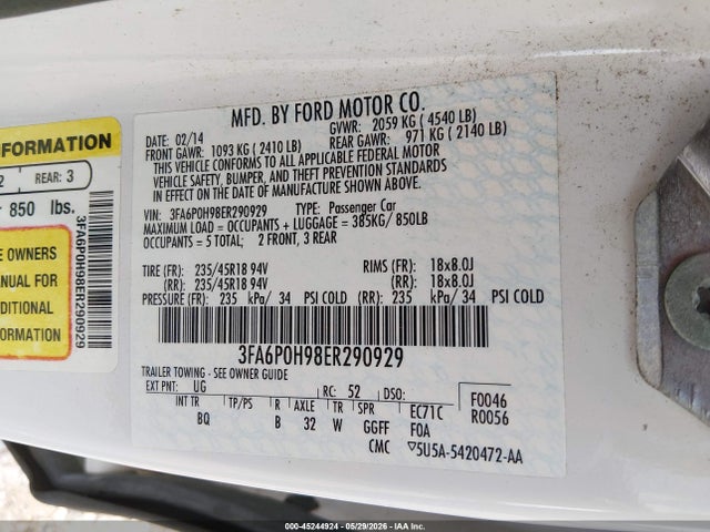 Продаж на аукціоні авто 2014 Ford Fusion Se, vin: 3FA6P0H98ER290929, номер лоту: 45244924