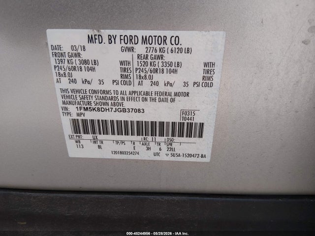 Aukcja sprzedaży 2018 Ford Explorer Xlt, vin: 1FM5K8DH7JGB37083, numer aukcji: 45244956