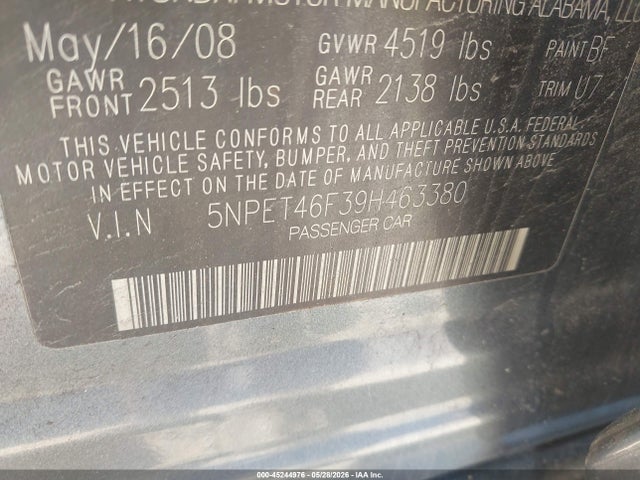 2009 Hyundai Sonata Gls V6 მანქანა იყიდება აუქციონზე, vin: 5NPET46F39H463380, აუქციონის ნომერი: 45244976