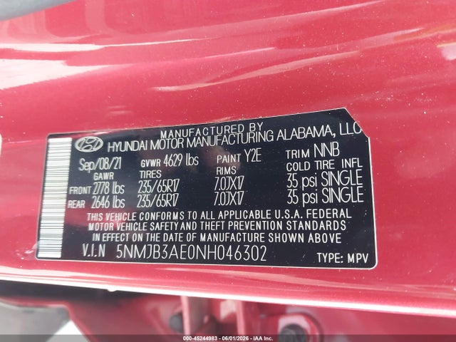 Aukcja sprzedaży 2022 Hyundai Tucson Sel, vin: 5NMJB3AE0NH046302, numer aukcji: 45244983