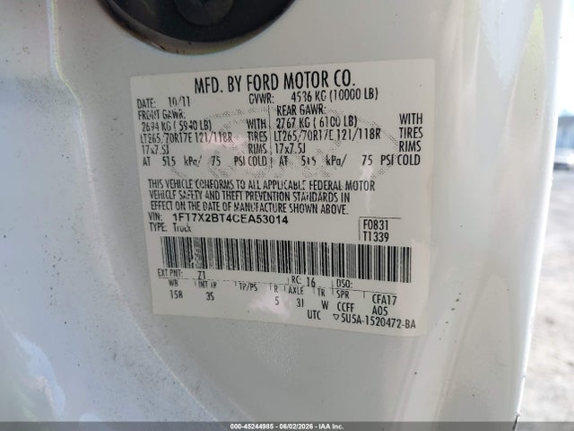 Продаж на аукціоні авто 2012 Ford F-250 Xlt, vin: 1FT7X2BT4CEA53014, номер лоту: 45244985