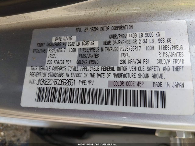 2016 Mazda Cx-5 Touring მანქანა იყიდება აუქციონზე, vin: JM3KE2CY6G0692631, აუქციონის ნომერი: 45244994