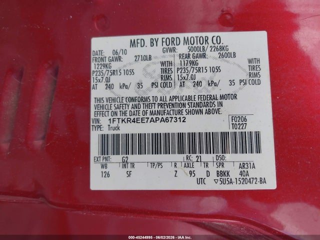 45244995 :رقم المزاد ، 1FTKR4EE7APA67312 vin ، 2010 Ford Ranger Sport/xlt مزاد بيع