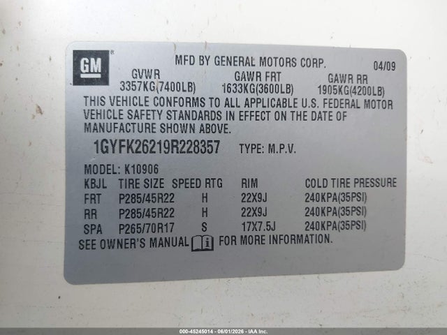 2009 Cadillac Escalade Esv Standard მანქანა იყიდება აუქციონზე, vin: 1GYFK26219R228357, აუქციონის ნომერი: 45245014