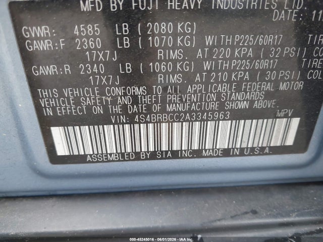 Продаж на аукціоні авто 2010 Subaru Outback 2.5i Premium, vin: 4S4BRBCC2A3345963, номер лоту: 45245016