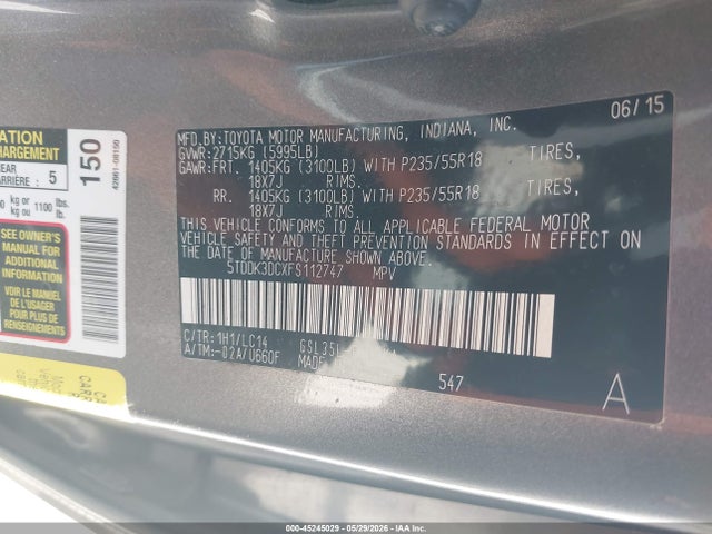 Aukcja sprzedaży 2015 Toyota Sienna Xle 7 Passenger, vin: 5TDDK3DCXFS112747, numer aukcji: 45245029