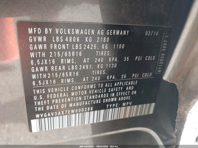 2014 Volkswagen Tiguan S მანქანა იყიდება აუქციონზე, vin: WVGAV3AX7EW600288, აუქციონის ნომერი: 45245031