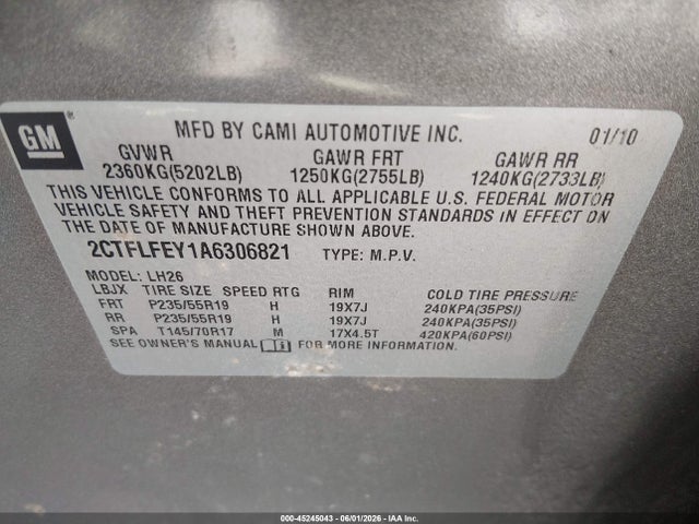 45245043 :رقم المزاد ، 2CTFLFEY1A6306821 vin ، 2010 Gmc Terrain Slt-1 مزاد بيع
