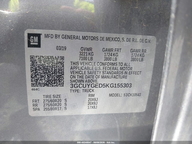 Продажа на аукционе авто 2019 Chevrolet Silverado 1500 Ltz, vin: 3GCUYGED5KG155303, номер лота: 45245047