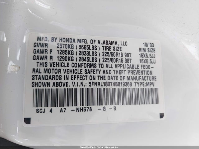 Aukcja sprzedaży 2004 Honda Odyssey Ex-l, vin: 5FNRL18074B019368, numer aukcji: 45245062
