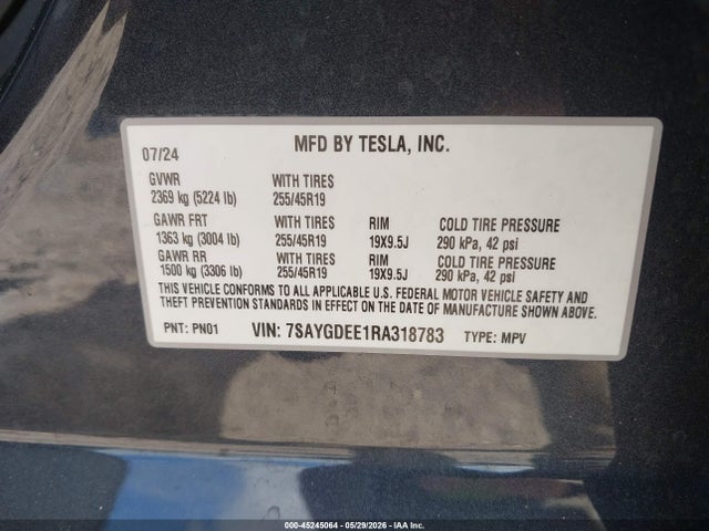 45245064 :رقم المزاد ، 7SAYGDEE1RA318783 vin ، 2024 Tesla Model Y Long Range Dual Motor All-wheel Drive مزاد بيع