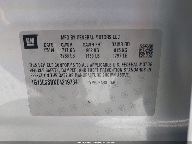 Aukcja sprzedaży 2014 Chevrolet Sonic Ltz Auto, vin: 1G1JE5SBXE4219784, numer aukcji: 45245074