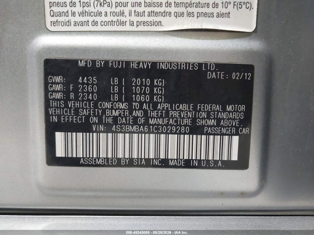 Aukcja sprzedaży 2012 Subaru Legacy 2.5i, vin: 4S3BMBA61C3029280, numer aukcji: 45245088
