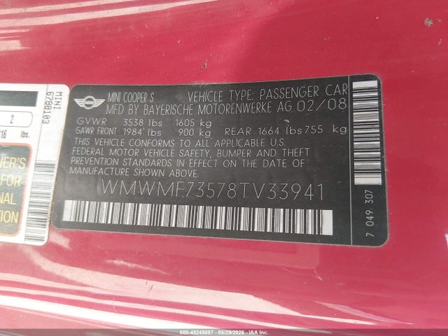 45245087 :رقم المزاد ، WMWMF73578TV33941 vin ، 2008 Mini Cooper S مزاد بيع
