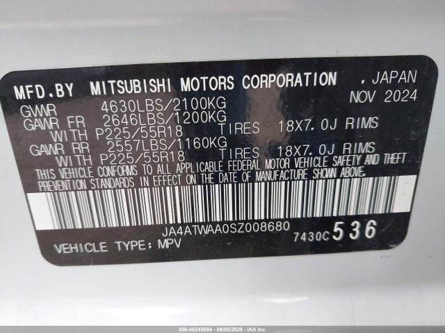 Продажа на аукционе авто 2025 Mitsubishi Eclipse Cross, vin: JA4ATWAA0SZ008680, номер лота: 45245094