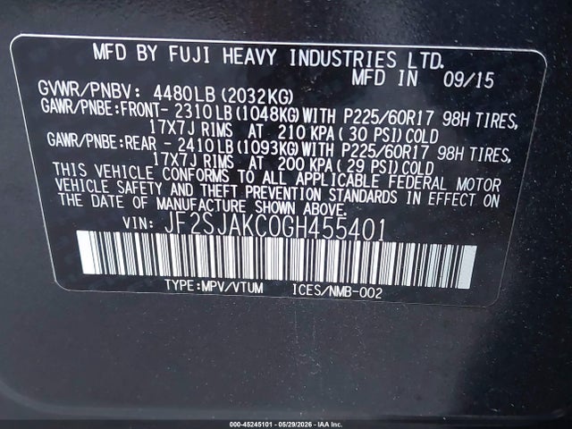 Продаж на аукціоні авто 2016 Subaru Forester 2.5i Limited, vin: JF2SJAKC0GH455401, номер лоту: 45245101