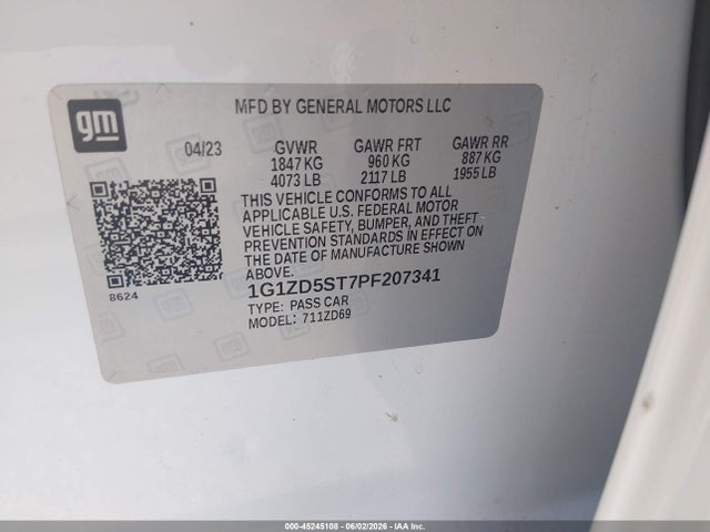 45245108 :رقم المزاد ، 1G1ZD5ST7PF207341 vin ، 2023 Chevrolet Malibu Fwd 1lt مزاد بيع
