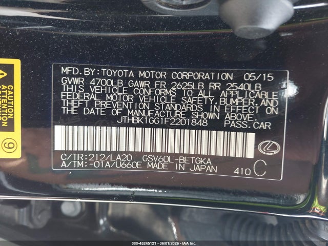 Aukcja sprzedaży 2015 Lexus Es 350, vin: JTHBK1GG1F2201848, numer aukcji: 45245121