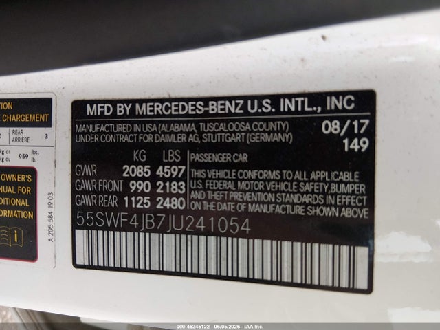 45245122 :رقم المزاد ، 55SWF4JB7JU241054 vin ، 2018 Mercedes-benz C 300 مزاد بيع