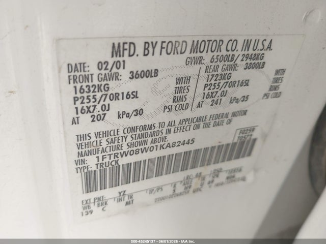 Aukcja sprzedaży 2001 Ford F-150 King Ranch Edition/lariat/xlt, vin: 1FTRW08W01KA82445, numer aukcji: 45245137