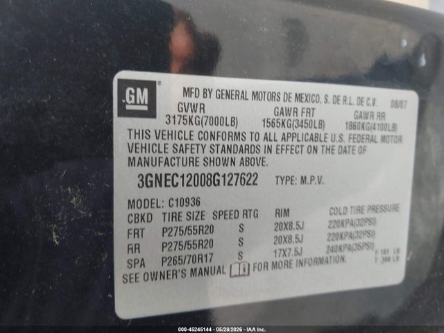 45245144 :رقم المزاد ، 3GNEC12008G127622 vin ، 2008 Chevrolet Avalanche 1500 Ltz مزاد بيع