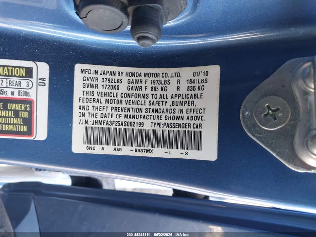 45245151 :رقم المزاد ، JHMFA3F25AS002199 vin ، 2010 Honda Civic Hybrid مزاد بيع